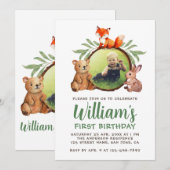 Woodland Animals Foto 1st Birthday Fox Beer Bunny Kaart (Voorkant / Achterkant)