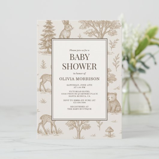 Woodland Animals French Toile Baby Shower Kaart (Staand voorkant)