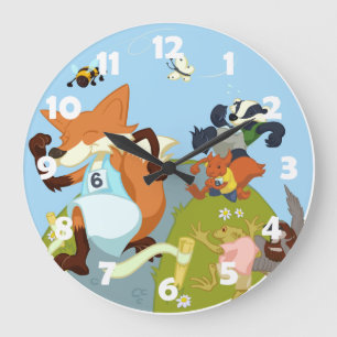 Woodland Animals Fun Running Fox & Badger Cartoon Grote Klok