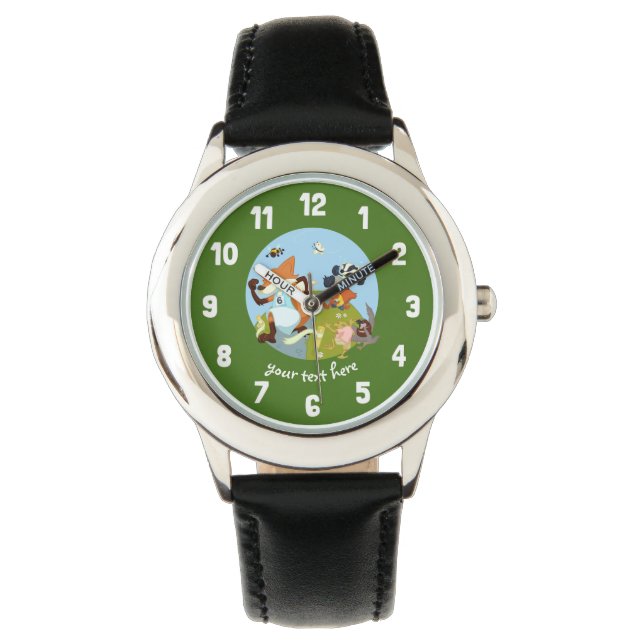 Woodland Animals Fun Running Fox & Badger Cartoon Horloge (Voorkant)