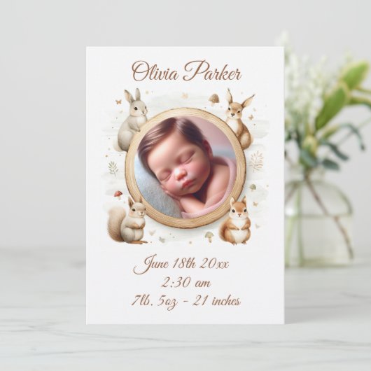 Woodland Animals Geboorteaankondiging Kaart (Staand voorkant)