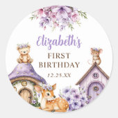 Woodland Animals Girl 1st Birthday Party Ronde Sticker (Voorkant)