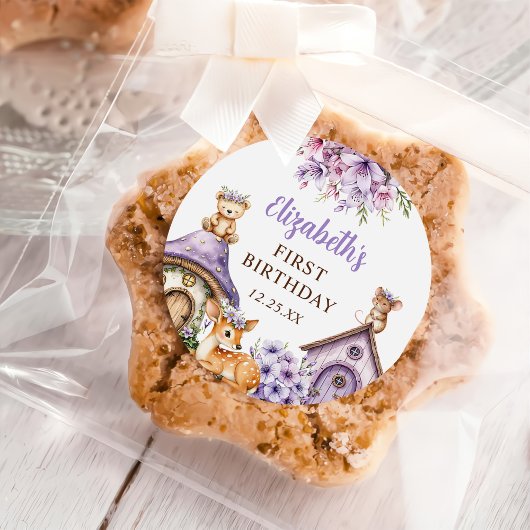 Woodland Animals Girl 1st Birthday Party Ronde Sticker