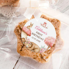 Woodland Animals Girl 1st Birthday Party Ronde Sticker