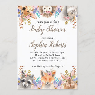Woodland Animals Girl Baby shower Invitation Kaart