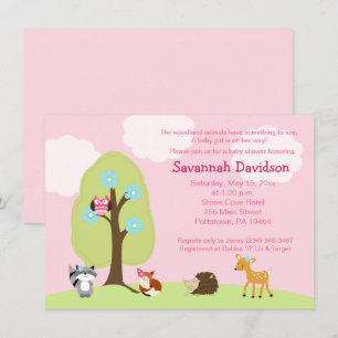 Woodland Animals Girl Baby shower Invitation Kaart