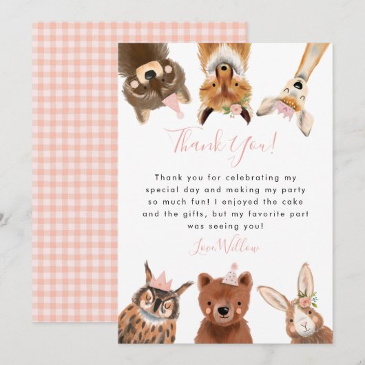 Woodland Animals Girl Birthday Party Bedankkaart (Voorkant / Achterkant)