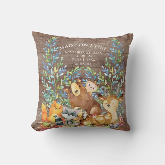 Woodland Animals Girl Boy Birth Stats Pillow Kussen (Voorkant)