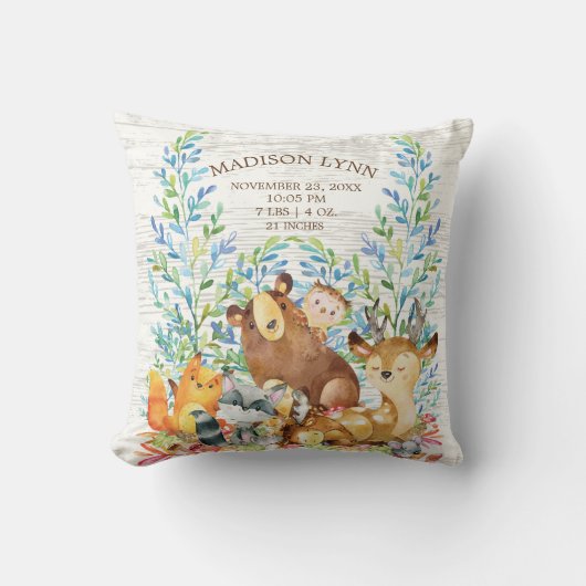 Woodland Animals Girl Boy Birth Stats Pillow Kussen (Voorkant)