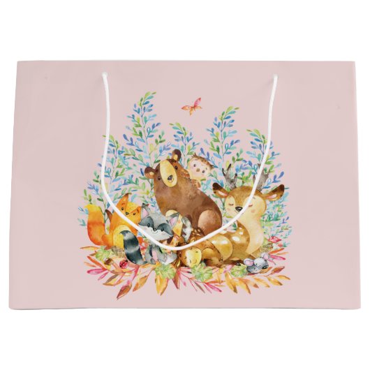 Woodland Animals Girls Baby shower Gift Bag Groot Cadeauzakje (Voorkant)