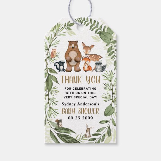 Woodland Animals Green Baby shower Dank u wel Cadeaulabel (Voorkant)