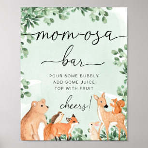 Woodland Animals Green Baby shower Momosa Bar Sign Poster