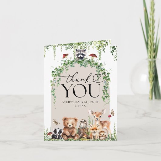 Woodland Animals Green Mushroom Baby shower Bedankkaart (Voorkant)