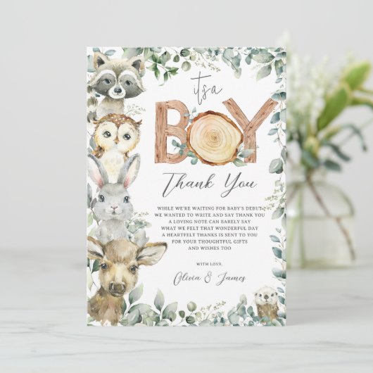 Woodland Animals Green Wood Boy Baby shower Bedankkaart (Staand voorkant)