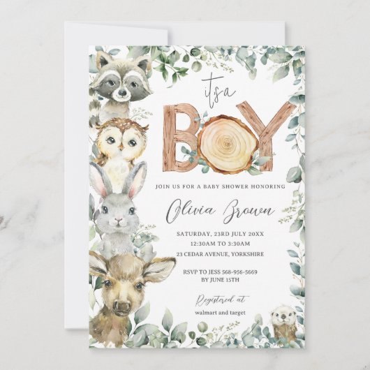 Woodland Animals Green Wood Boy Baby shower Kaart (Voorkant)