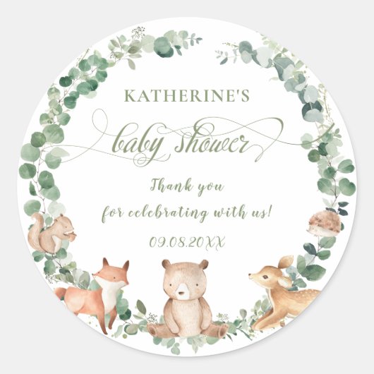Woodland Animals Greeneral Neutral Baby shower Ronde Sticker (Voorkant)