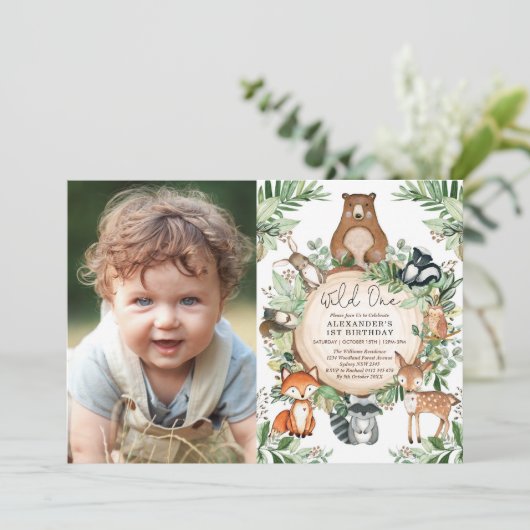 Woodland Animals Greenerd Wild One Birthday Kaart (Staand voorkant)