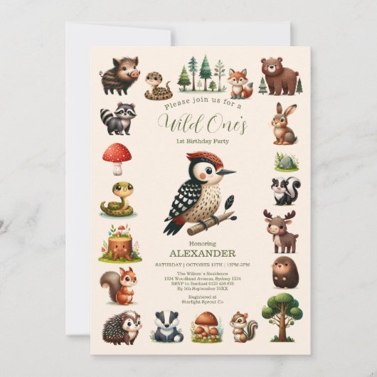 Woodland Animals Greenerd Wild One Birthday Kaart (Voorkant)