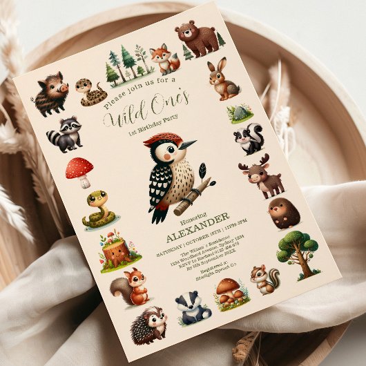 Woodland Animals Greenerd Wild One Birthday Kaart