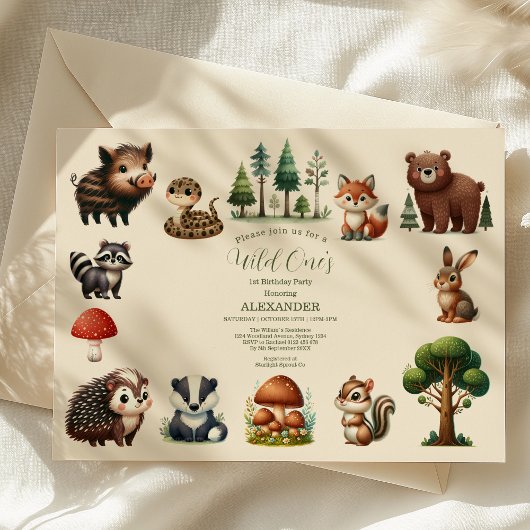 Woodland Animals Greenerd Wild One Birthday Kaart