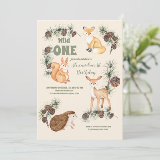 Woodland Animals Greenerd Wild One Birthday Kaart (Staand voorkant)