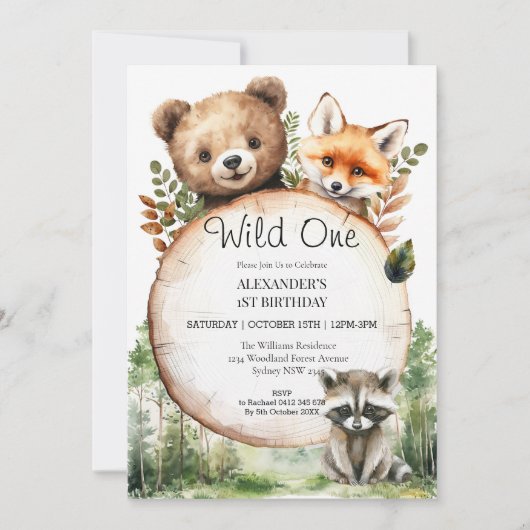 Woodland Animals Greenerd Wild One Birthday Kaart (Voorkant)