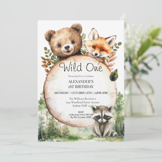 Woodland Animals Greenerd Wild One Birthday Kaart (Staand voorkant)