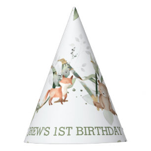 Woodland Animals Greenery 1st Birthday Boy Girl Feesthoedjes