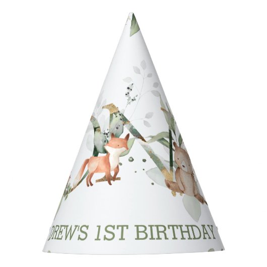 Woodland Animals Greenery 1st Birthday Boy Girl Feesthoedjes (Voorkant)