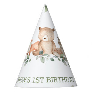 Woodland Animals Greenery 1st Birthday Boy Girl Feesthoedjes