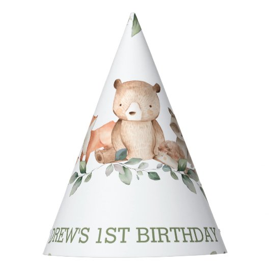 Woodland Animals Greenery 1st Birthday Boy Girl Feesthoedjes (Voorkant)