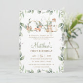 Woodland Animals Greenery 1st Birthday Boy Girl Kaart (Staand voorkant)