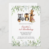 Woodland Animals Greenery 1st Birthday Kaart (Voorkant / Achterkant)