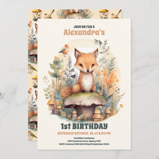 Woodland Animals Greenery 1st Birthday Kaart (Voorkant / Achterkant)