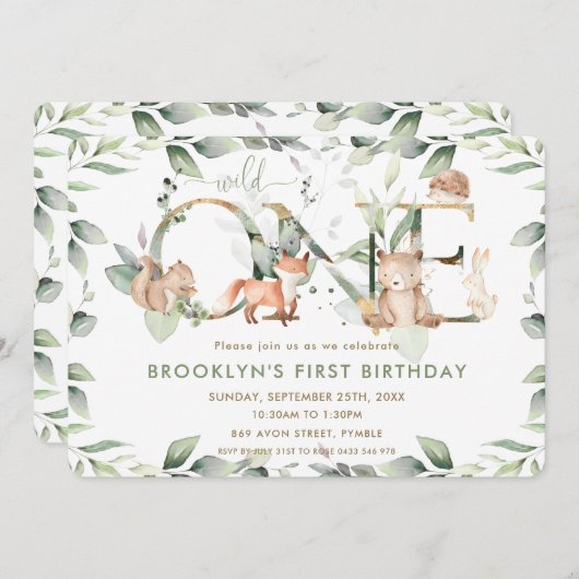 Woodland Animals Greenery 1st Birthday Wild One Kaart (Voorkant / Achterkant)