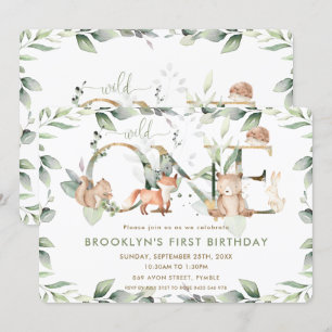 Woodland Animals Greenery 1st Birthday Wild One Kaart
