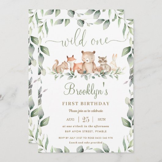 Woodland Animals Greenery 1st Birthday Wild One Kaart (Voorkant / Achterkant)