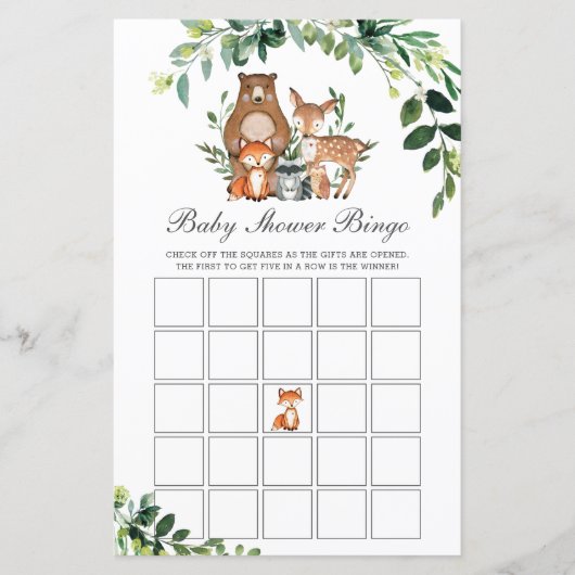 Woodland Animals Greenery Baby shower Bingo Game (Voorkant)