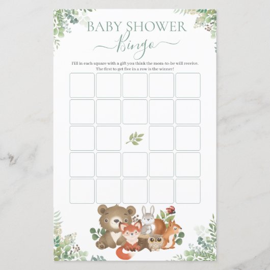 Woodland Animals Greenery Baby shower Bingo Game (Voorkant)