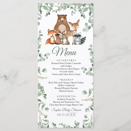 Woodland Animals Greenery Baby shower Flat Menu (Voorkant)