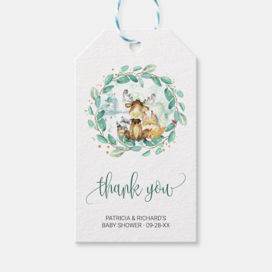 Woodland Animals Greenery Baby shower Hartelijk da Cadeaulabel (Voorkant)