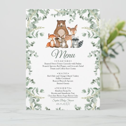 Woodland Animals Greenery Baby shower Menu (Staand voorkant)