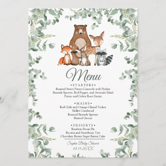Woodland Animals Greenery Baby shower Menu (Voorkant)