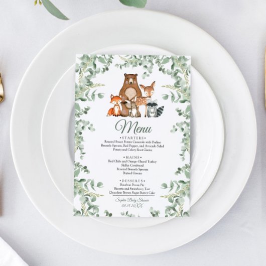 Woodland Animals Greenery Baby shower Menu