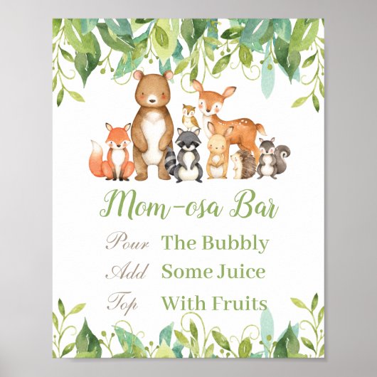 Woodland Animals Greenery Baby shower Momosa Bar Poster (Voorkant)