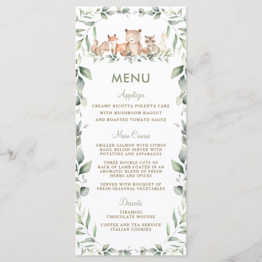 Woodland Animals Greenery Baby shower Party Menu (Voorkant)