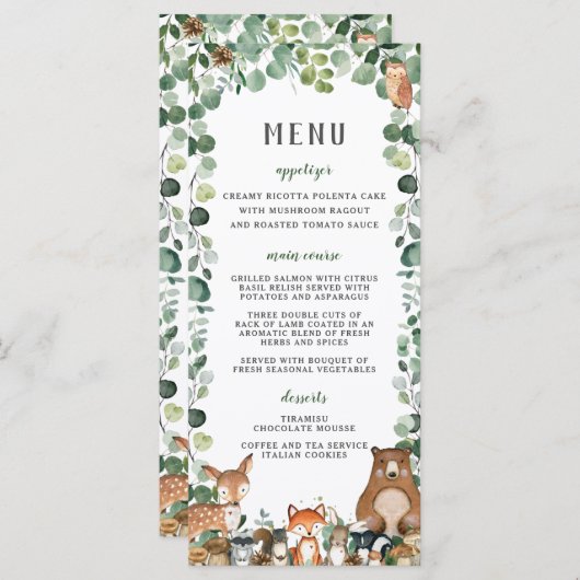 Woodland Animals Greenery Baby shower Party Menu (Voorkant / Achterkant)