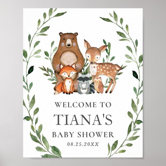 Woodland Animals Greenery Baby shower Welkomstbord Poster (Voorkant)