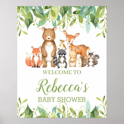Woodland Animals Greenery Baby shower Welkomstbord Poster (Voorkant)