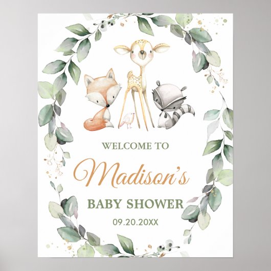 Woodland Animals Greenery Baby shower Welkomstbord Poster (Voorkant)